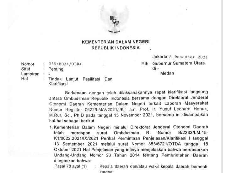 Bupati Taput Dilaporkan ke Ombudsman, Kemendagri Surati Gubernur Sumut