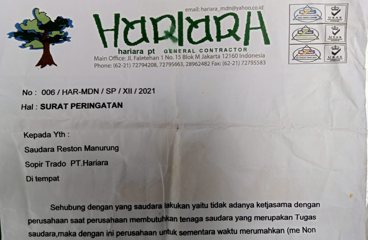 PT Hariara Ingkar Janji, Reston Manurung Tuntut Hak Normatif Selama 11 Tahun Bekerja