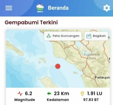 Gempa M 6,2 SK Di Aceh Singkil, Guncang Padang Sidempuan