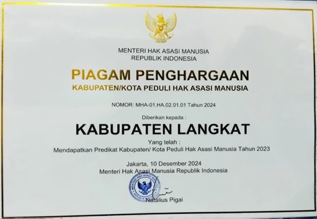 Pemkab Langkat Raih Piagam Kabupaten Peduli HAM Nasional 2024